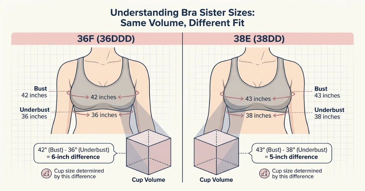 Side-by-side measurement comparison diagram for 36F and 38E bra sizes showing underbust and bust measurements in inches and centimetres with UK/EU and US cup label equivalents