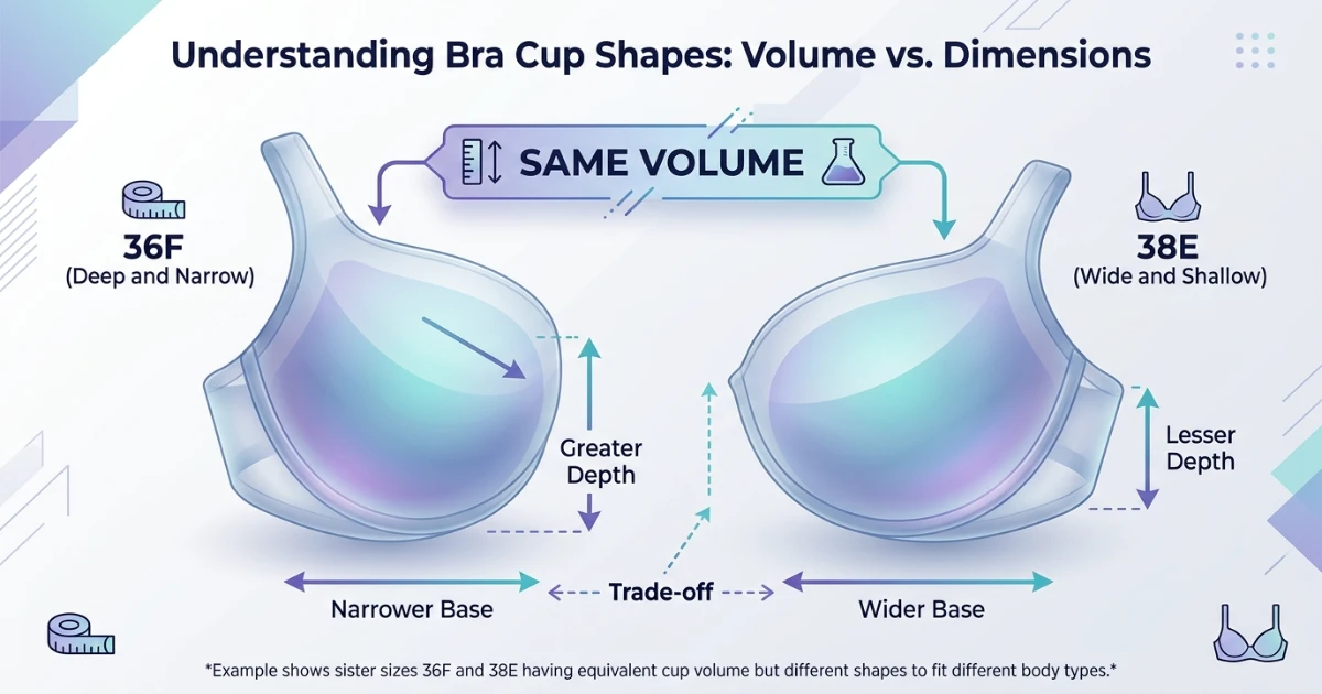 Cup volume diagram showing how 36F and 38E achieve approximately equal breast tissue volume through different combinations of cup depth and width on their respective narrower and wider band frames