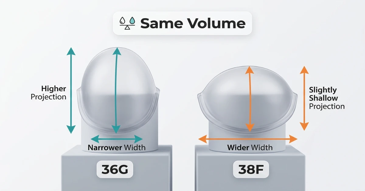 Cup volume diagram showing how 36G and 38F achieve approximately equal breast tissue volume through different combinations of cup depth and width at the fuller end of the cup spectrum