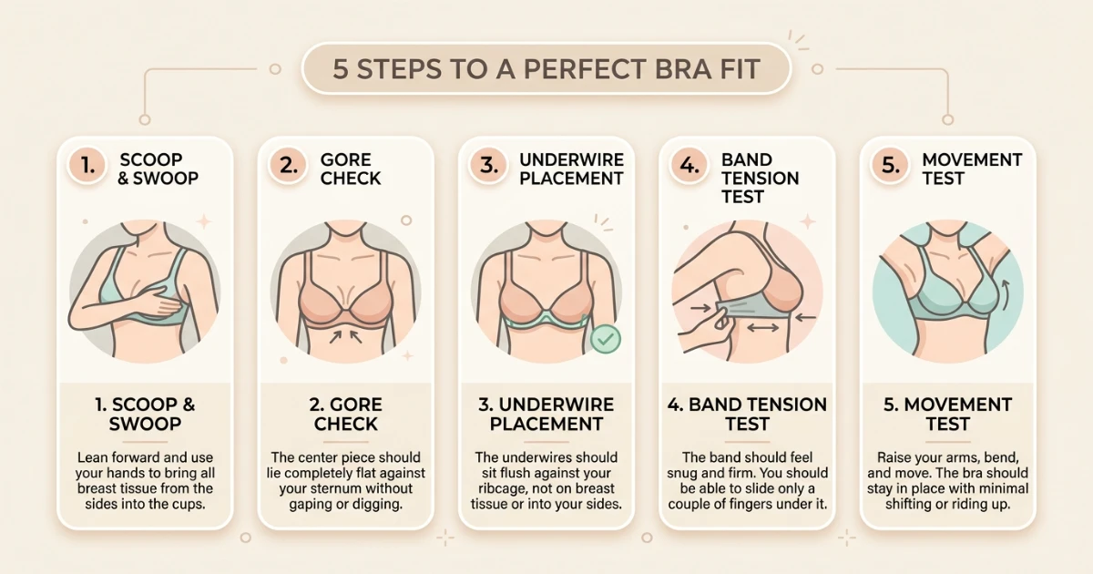Bra fit test infographic for G and F cup sizes showing five critical checks with special emphasis on underwire width, band tension, and movement stability at the fuller end of the cup range