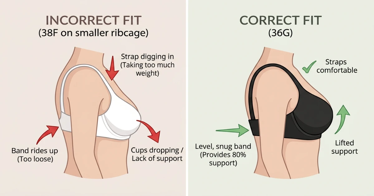 Illustration comparing a correctly fitting 36G bra on a narrower ribcage versus a 38F band riding up and dropping the full G-cup volume dramatically on the same narrower body