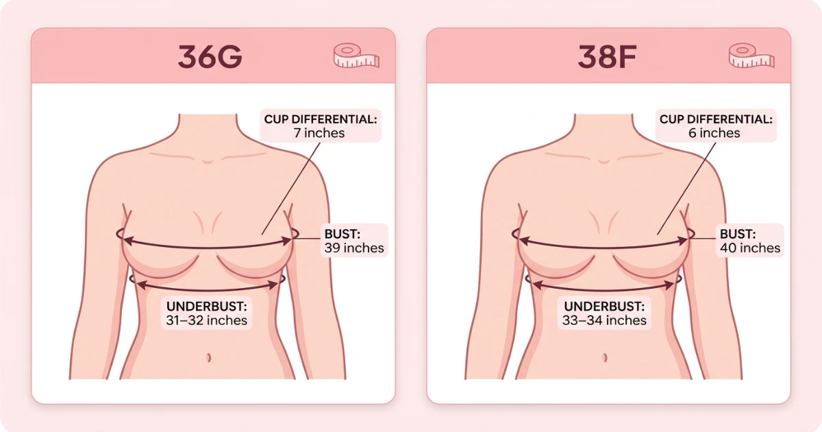 Side-by-side measurement comparison diagram for 36G and 38F bra sizes showing underbust and bust measurements with UK and US cup label equivalents
