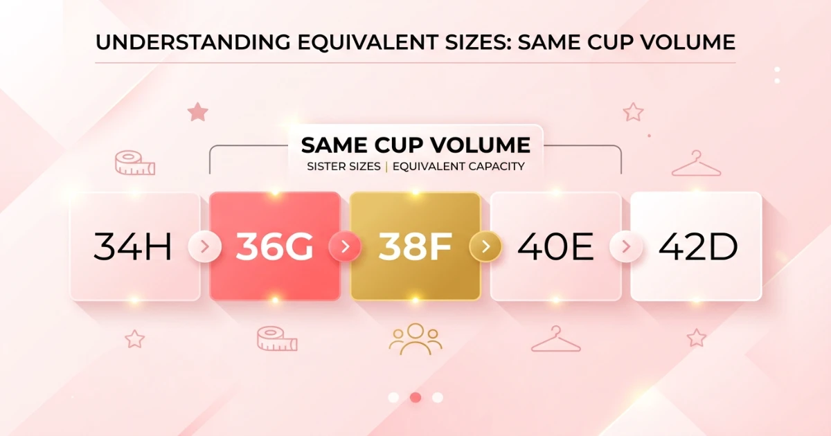 Sister size ladder infographic showing 34H, 36G, 38F, 40E and 42D with equal cup volume indicated — the fuller end of the bra size spectrum