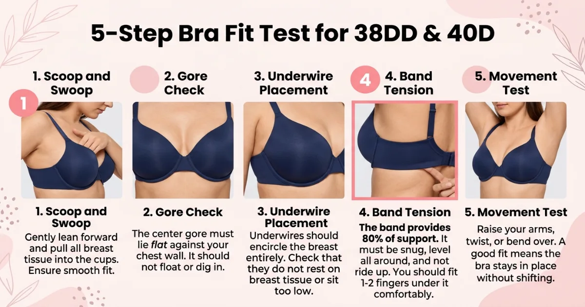 Five-step bra fit test infographic for 38DD and 40D — scoop and swoop, gore check, underwire placement, band tension test, movement test