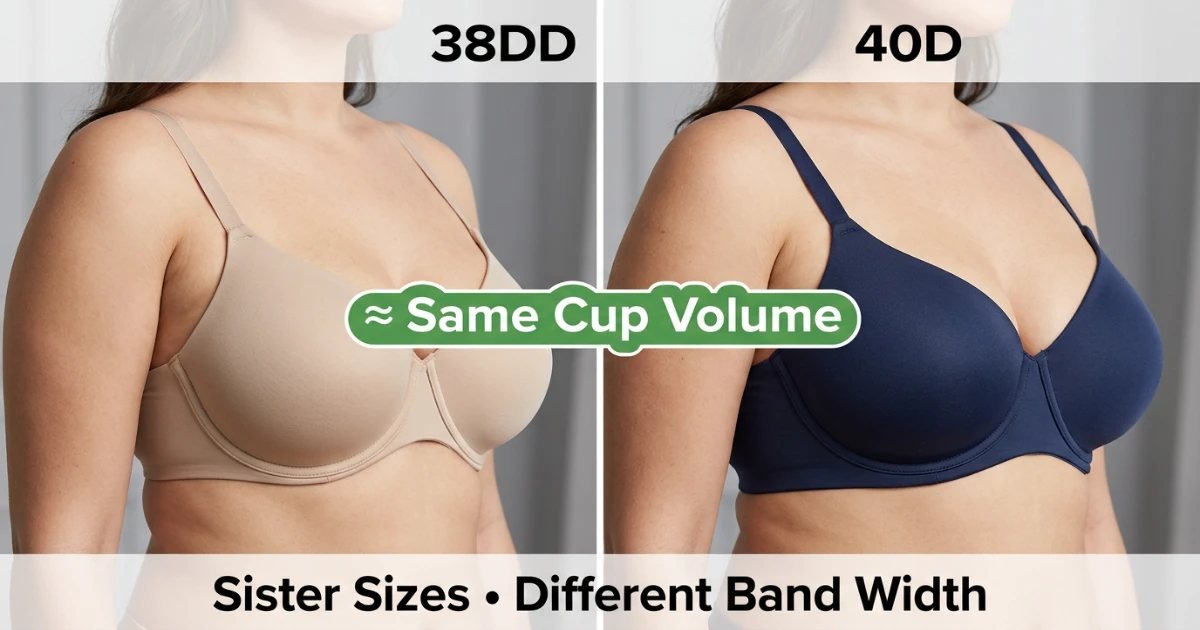 Side-by-side diagram of 38DD and 40D bra sizes showing equal cup volume with different band widths — confirming they are sister sizes