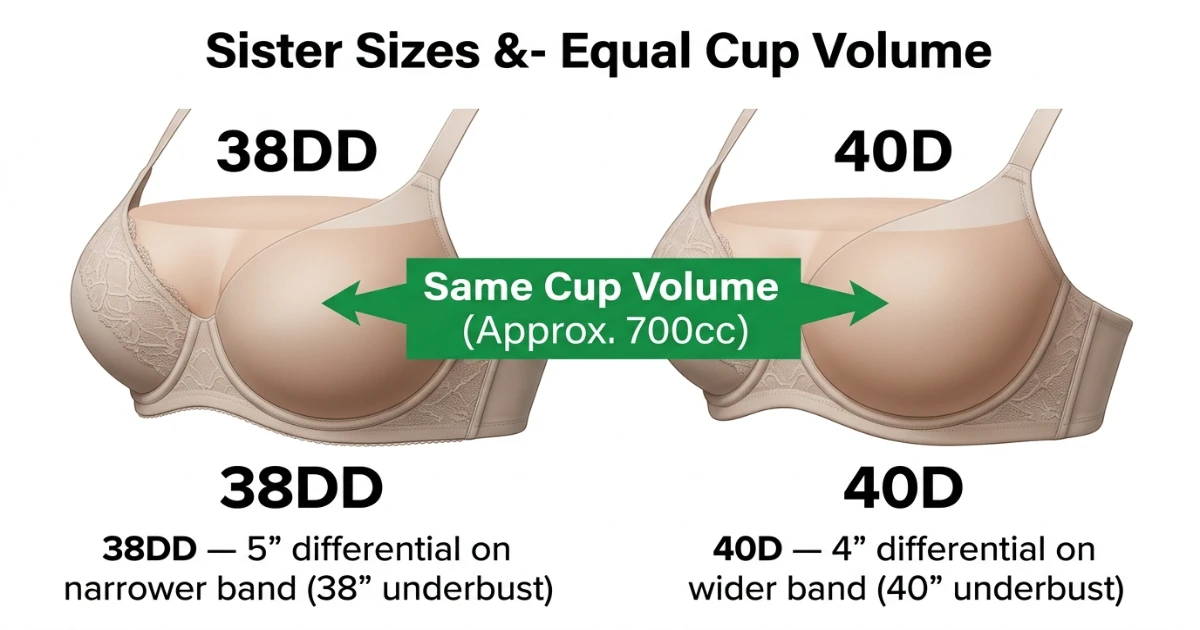 Cup volume diagram for 38DD and 40D showing equal breast tissue capacity across different band widths — confirming their sister size relationship
