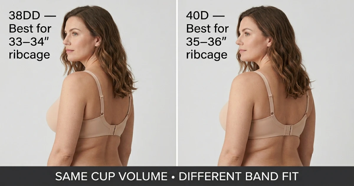 Illustration showing 38DD fitting correctly on a 33–34 inch ribcage and 40D fitting correctly on a 35–36 inch ribcage — same cup volume, different band performance