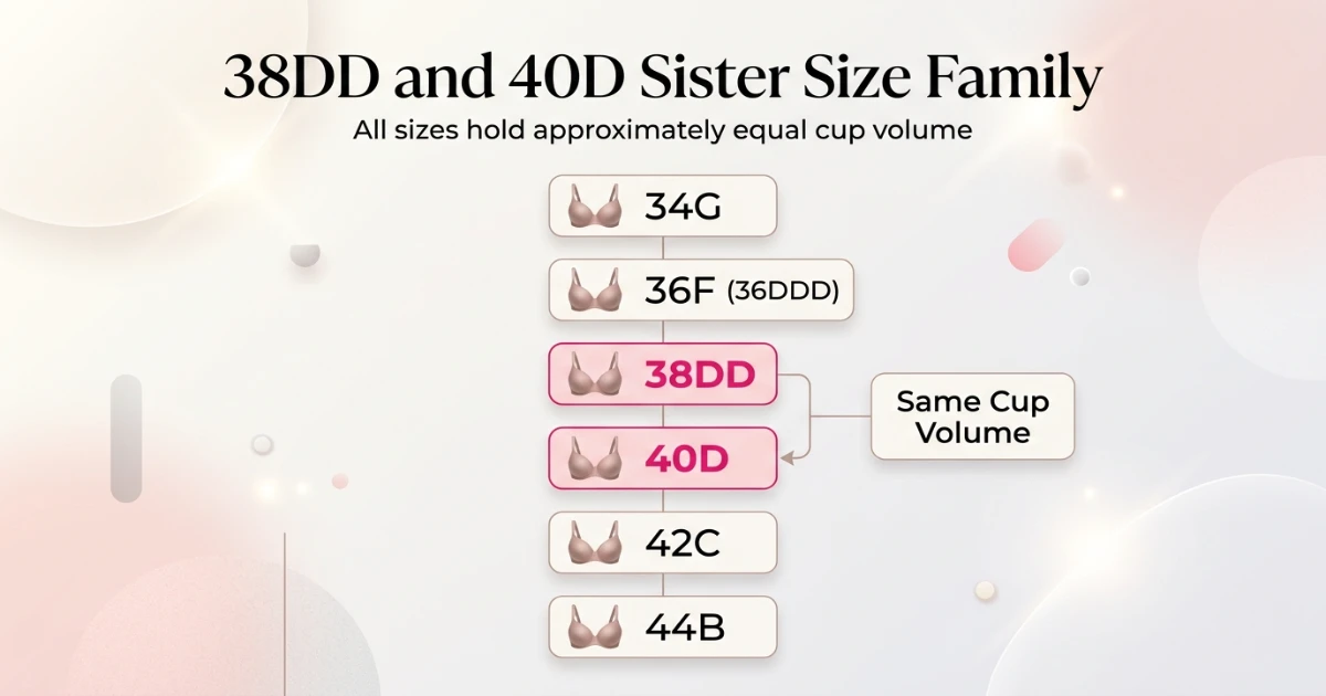 Sister size ladder diagram showing 34G, 36F, 38DD, 40D, 42C, 44B all holding equal cup volume — 38DD and 40D confirmed as sister sizes
