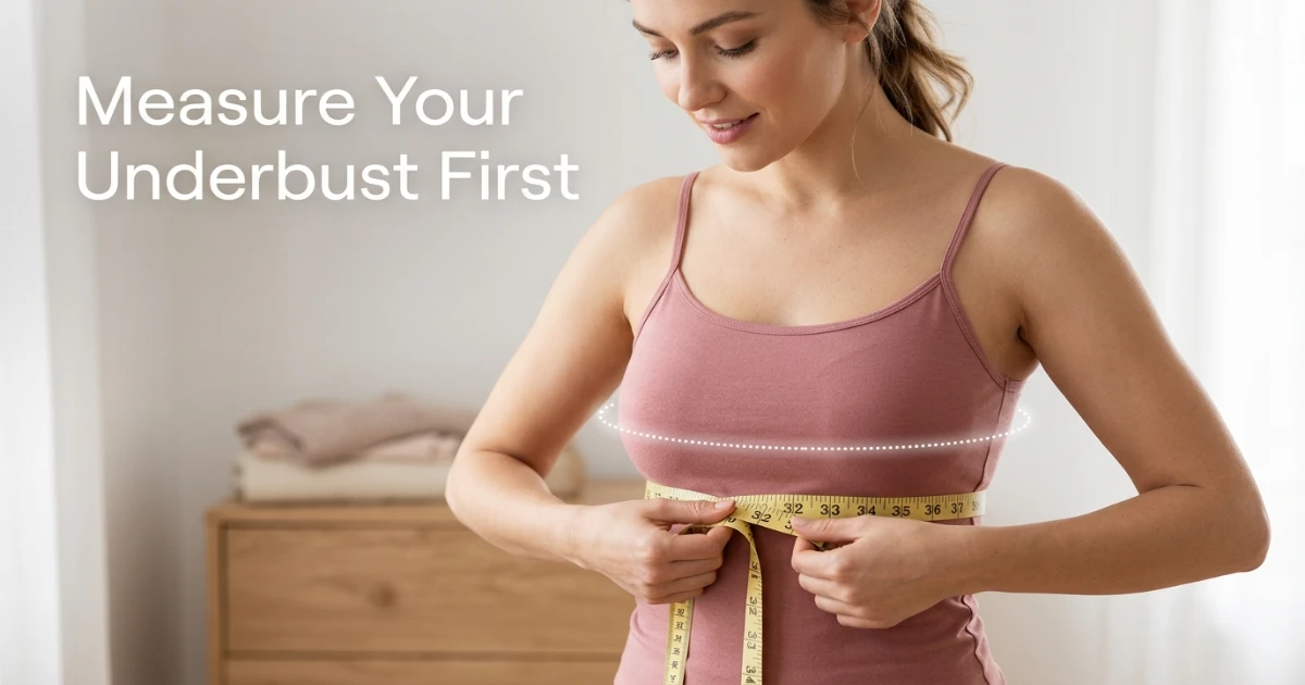 Woman measuring underbust and bust to choose between 38DDD and 40DD