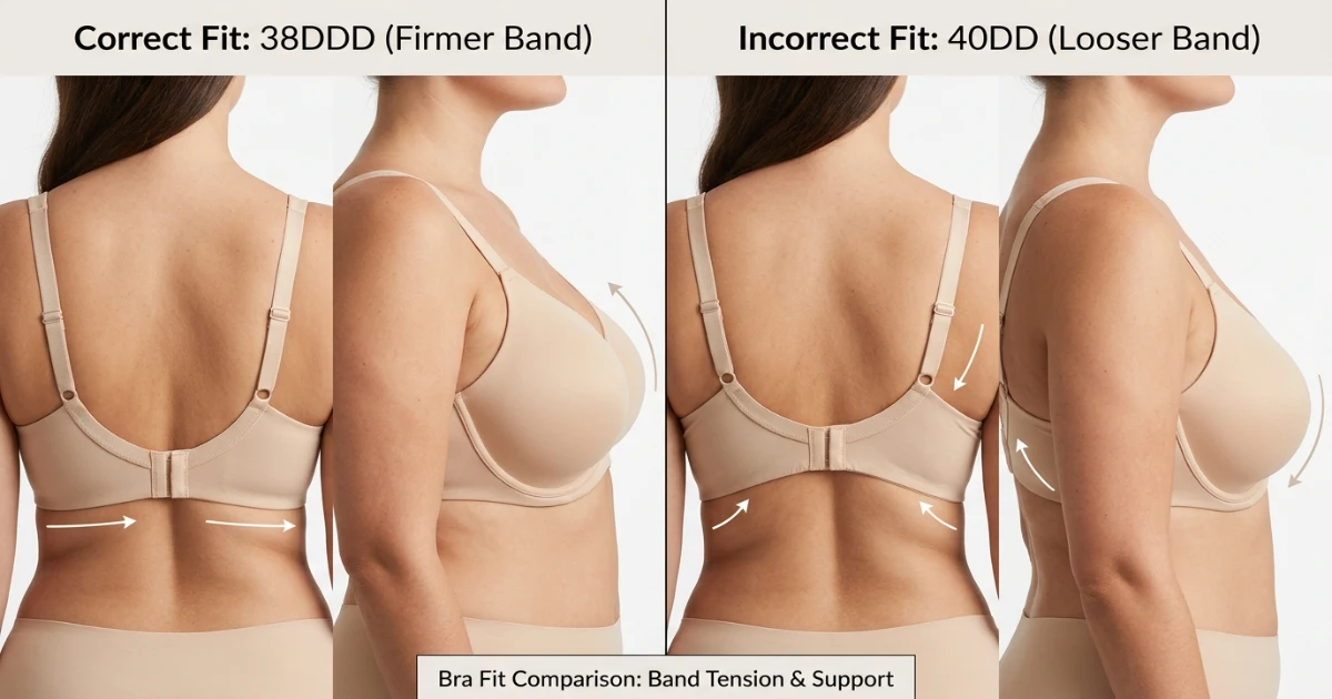 Tight vs loose bra band fit comparison showing support differences between sister sizes