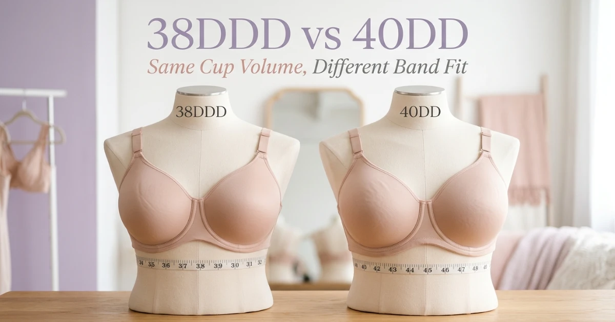 38DDD vs 40DD bra size comparison showing equal cup volume and different band sizes