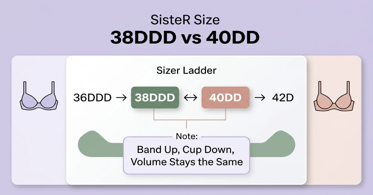 Sister size ladder showing how 38DDD and 40DD share the same cup volume