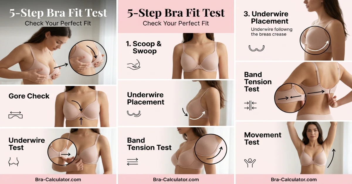 5-step bra fit test infographic for 38B and 40A sister sizes — scoop and swoop, gore check, underwire placement, band tension, movement test