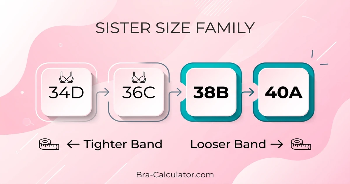 Sister size ladder showing 34D, 36C, 38B, and 40A all holding equal cup volume — confirming 38B and 40A as sister sizes