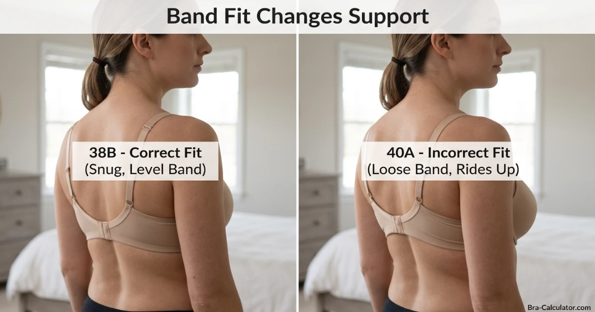 Band fit comparison showing 38B correctly anchored on a 33–34 inch ribcage and 40A correctly anchored on a 35–36 inch ribcage — equal cup volume, different band performance
