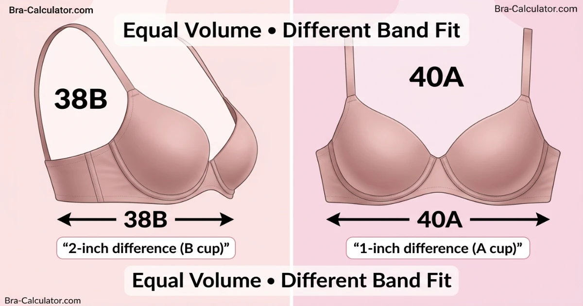 Side-by-side measurement diagram showing 38B and 40A bra sizes confirming equal cup volume on different band widths