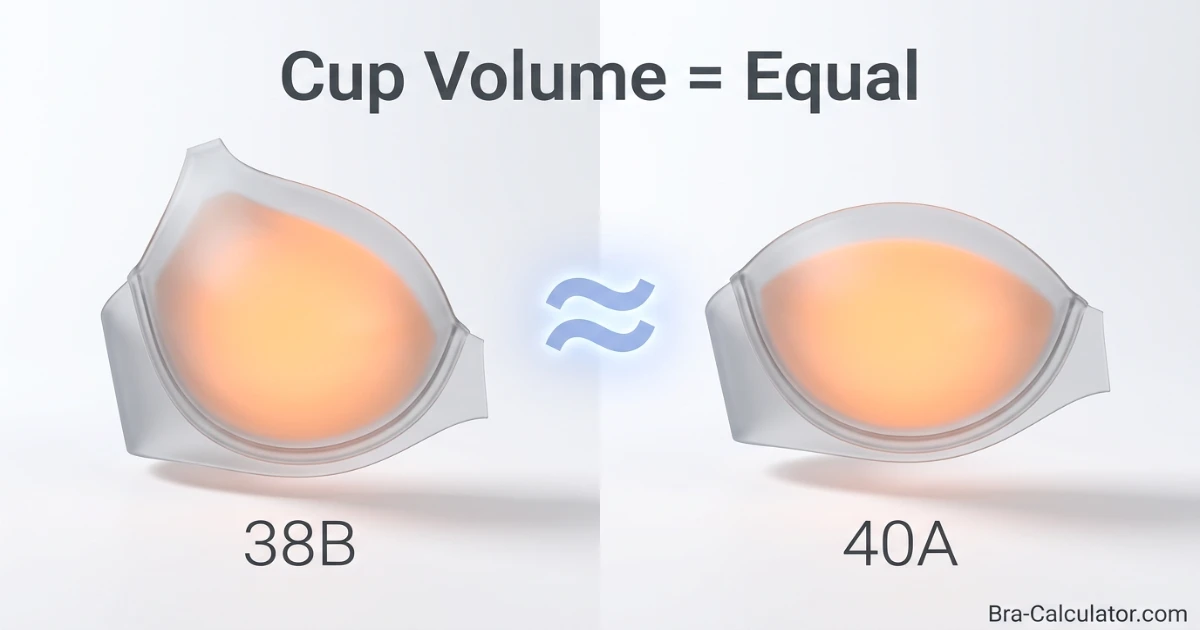 Cup volume equivalence diagram showing 38B and 40A enclosing the same breast tissue volume despite different band sizes and cup letters