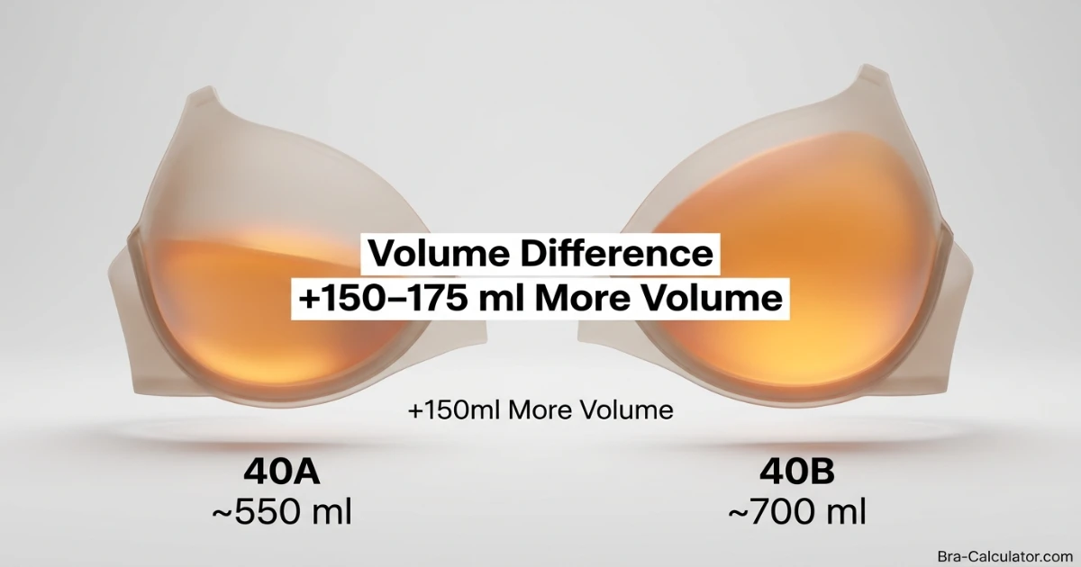 Cup volume comparison showing 40A shallower cup with approximately 550 ml per breast versus 40B deeper cup with approximately 700 ml per breast — same 40-inch band, one full cup size difference