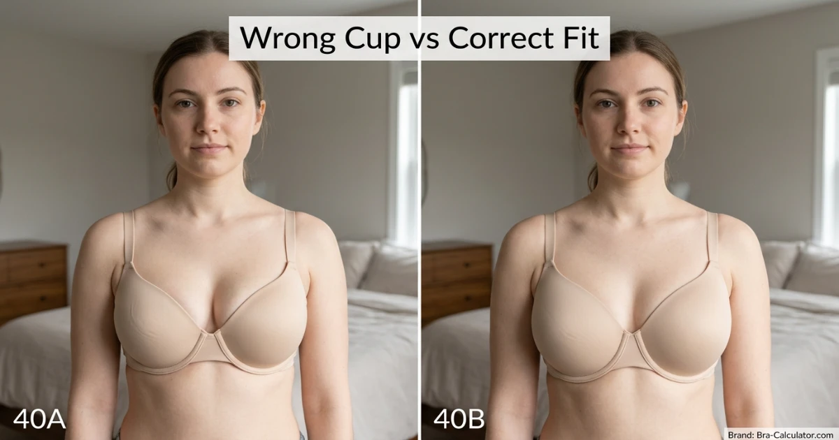 Fit comparison showing 40A shallow cup correctly fitting a 1-inch bust differential on a 40-inch band versus 40B deeper cup correctly fitting a 2-inch differential on the same 40-inch band