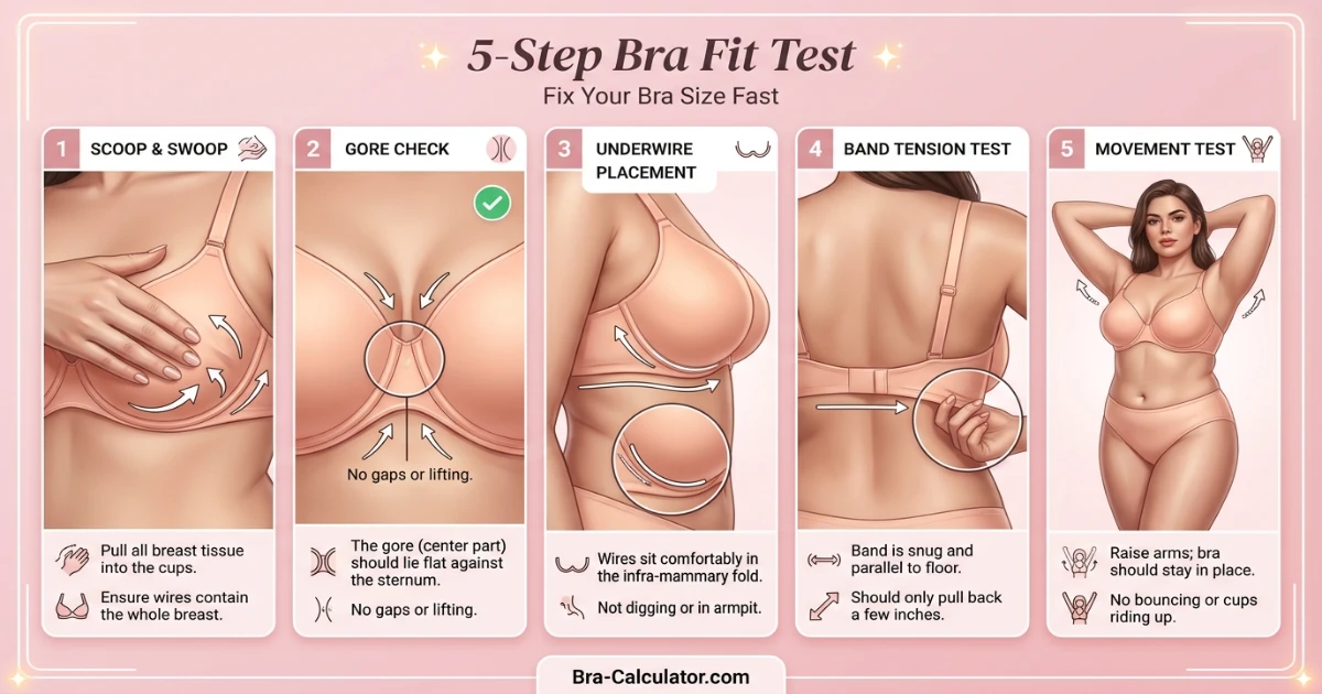 5-step bra fit test infographic for 40A and 40B — scoop and swoop, gore check, underwire width on 40 band, band tension test, and movement test