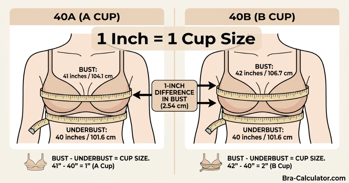 Side-by-side measurement diagram for 40A and 40B bra sizes — identical 40-inch band with 1-inch bust difference producing different cup depths and enclosed volumes