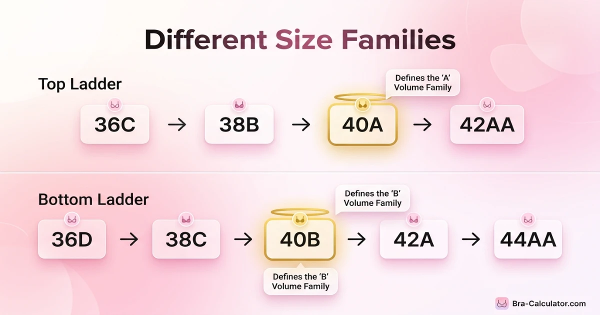 Two separate sister size ladder diagrams: 40A family (36C — 38B — 40A — 42AA) and 40B family (36D — 38C — 40B — 42A — 44AA) shown separately to confirm different volume families
