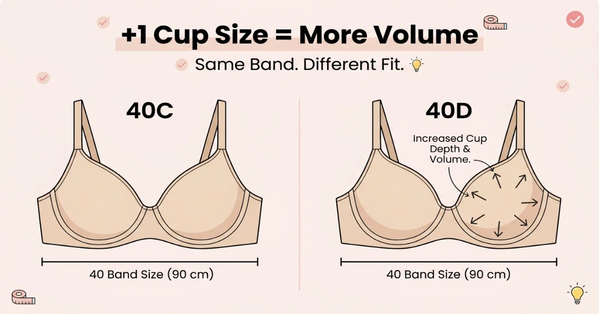 Side-by-side cup depth diagram for 40C and 40D bra sizes on the same 40-inch band — illustrating the one-cup volume difference with structural differences at D cup