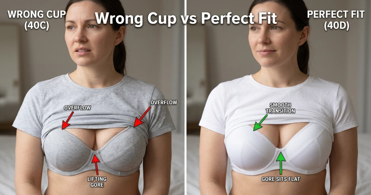 Fit comparison showing 40C moderate cup fitting a 43-inch bust versus 40D fuller cup with structural differences for a 44-inch bust — both on a 40-inch band