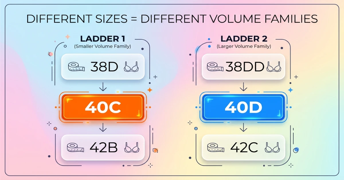 Two separate sister size ladder diagrams: 40C family (38D — 40C — 42B) and 40D family (38DD — 40D — 42C) shown separately to confirm different volume families