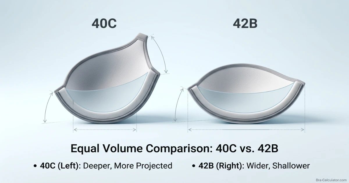 Cup volume diagram showing 40C narrower deeper cup and 42B wider shallower cup — both holding approximately 850ml per breast as confirmed sister sizes on different band widths