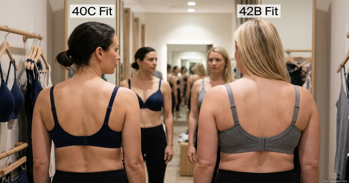 Fit comparison showing 40C correctly anchored on a 33–34 inch ribcage with deeper cup, versus 42B correctly anchored on a 35–36 inch ribcage with broader cup — same cup volume on different body frames