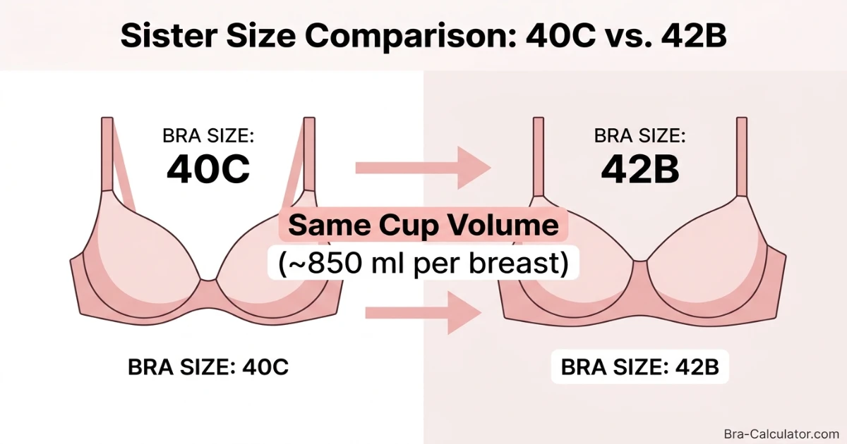 Sister size diagram comparing 40C and 42B — same cup volume on different bands, showing 40C tighter band with deeper cup and 42B wider band with broader cup, both holding approximately 850ml per breast