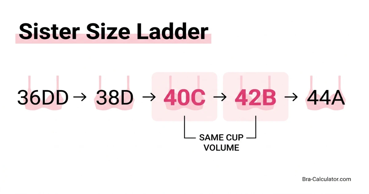 Sister size ladder showing 36DD — 38D — 40C — 42B — 44A, all highlighted as holding approximately equal cup volume of 850ml per breast, with 40C and 42B as the two most commonly substituted adjacent sister sizes