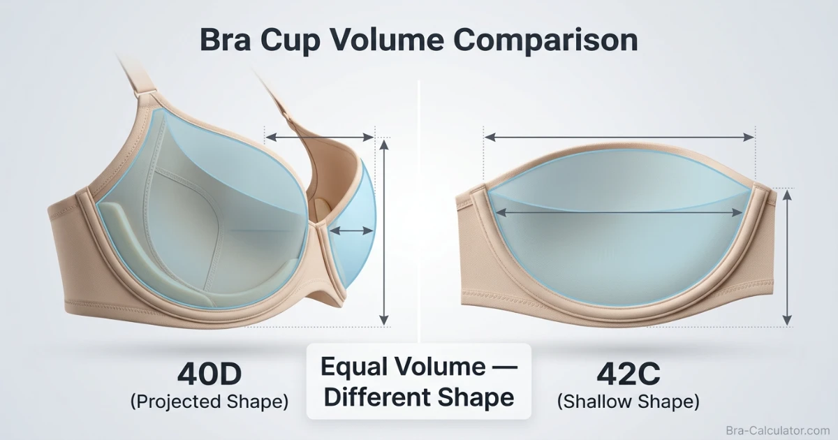 Cup volume diagram showing 40D deeper more projected D cup on 40-inch band versus 42C broader C cup on 42-inch band — both holding approximately 1000ml per breast as confirmed sister sizes