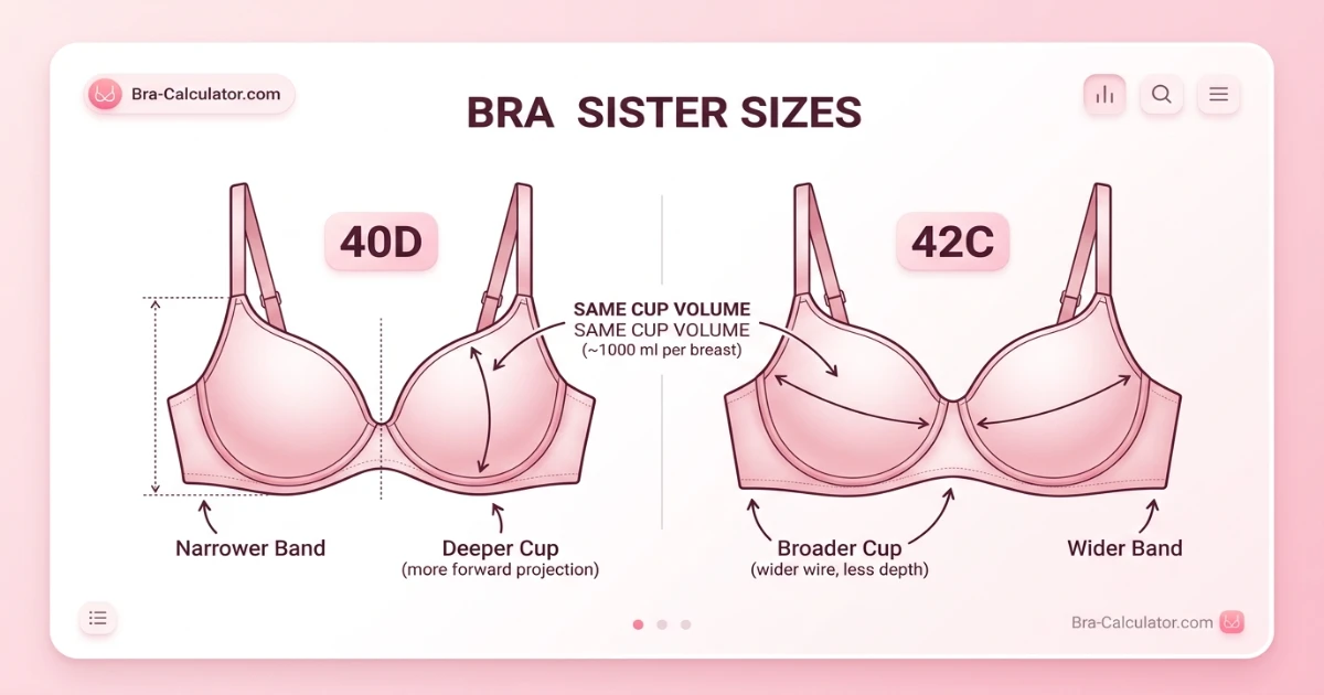 Sister size diagram comparing 40D and 42C — same cup volume on different bands, showing 40D tighter band with deeper D cup and 42C wider band with broader C cup, both holding approximately 1000ml per breast