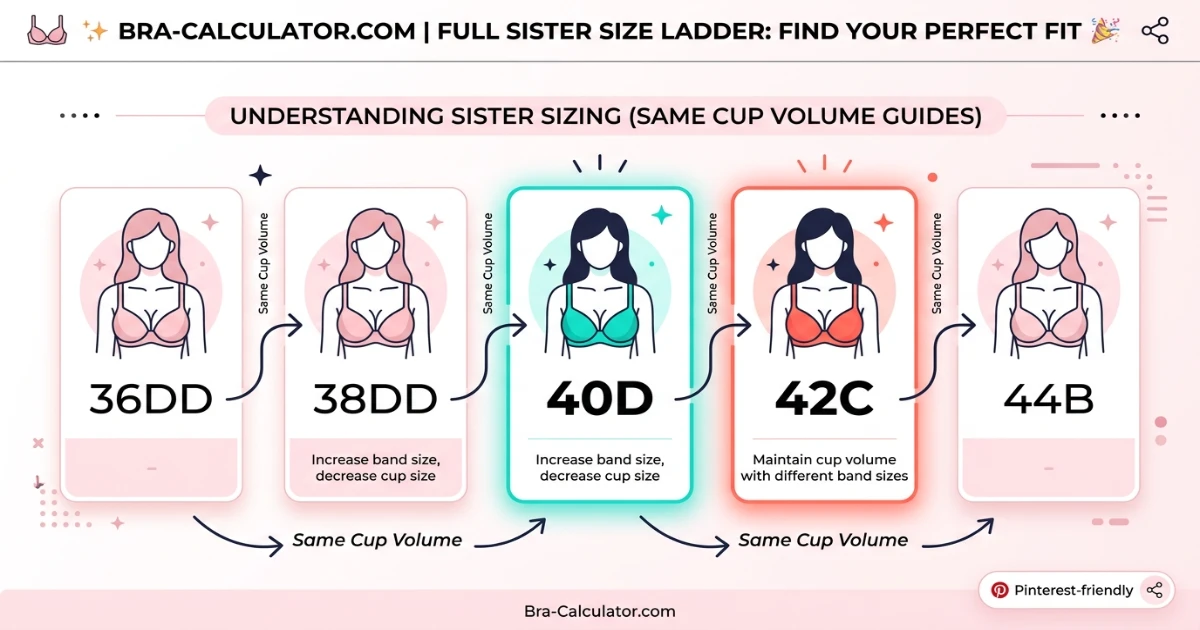 Sister size ladder showing 36E/DD — 38DD — 40D — 42C — 44B, all holding approximately equal cup volume of 1000ml per breast, with 40D and 42C as the most commonly substituted adjacent pair in this volume family