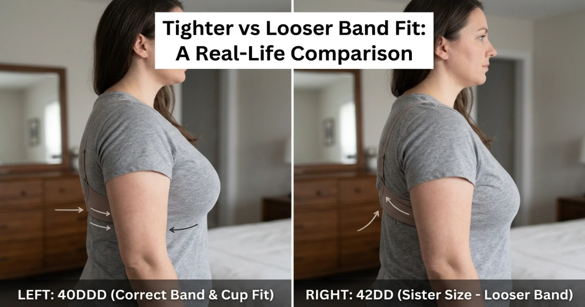 Band tension comparison between 40DDD and 42DD — the cups are identical, but the 40 band provides firmer support while the 42 band provides a looser fit