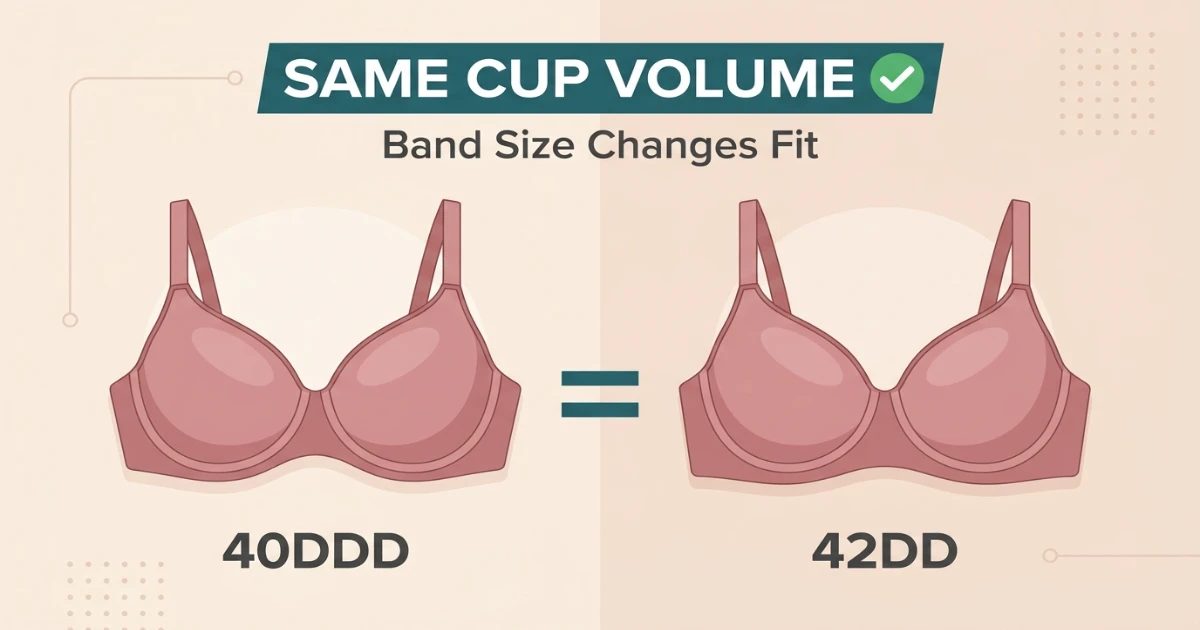 Sister size comparison diagram showing 40DDD and 42DD share identical cup volume but have different band widths — 40DDD on a 40-inch band, 42DD on a 42-inch band