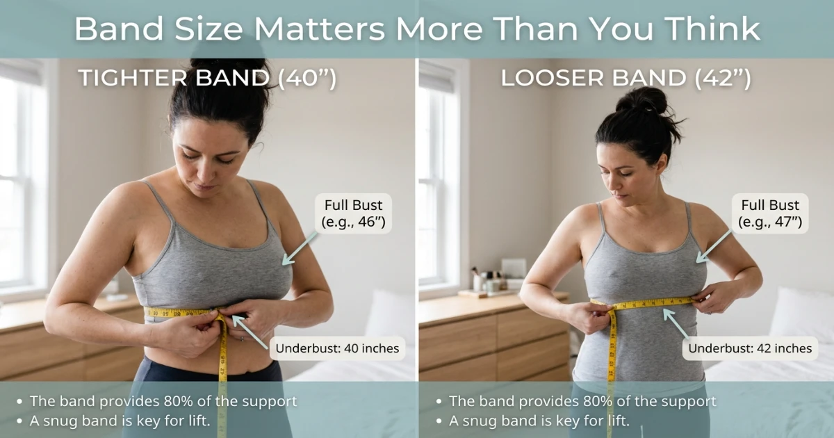 Sister size ladder showing the full family: 36G/36FF — 38F — 40DDD/40E — 42DD — 44D — all holding the same cup volume on progressively wider bands