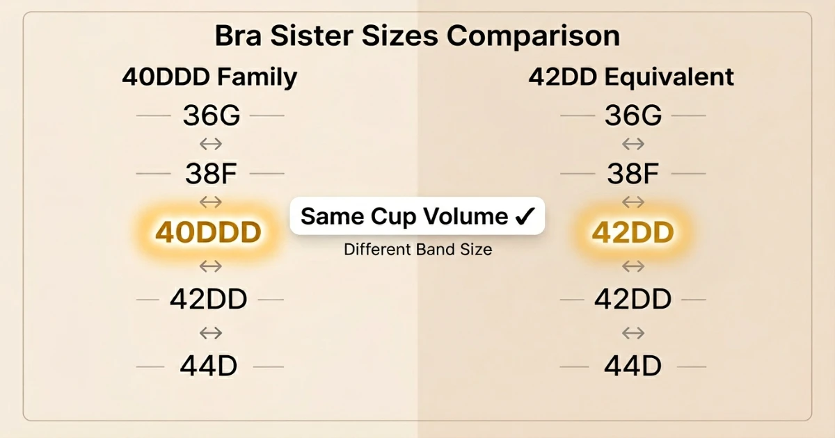 Comparison showing identical cup volume between 40DDD and 42DD with different band widths — the cups are the same size, only the band circumference differs