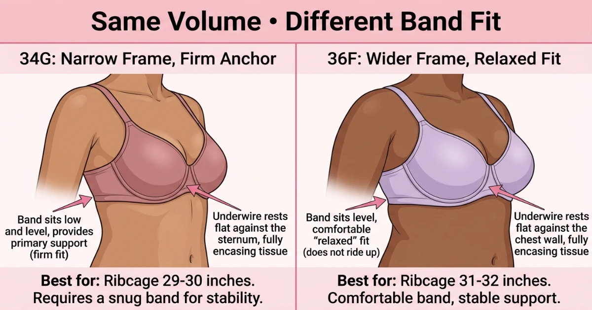 Illustration showing 34G fitting correctly on a narrow ribcage with firm band and 36F fitting correctly on a wider ribcage — same cup volume, different band performance