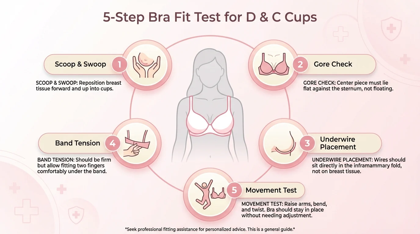 Five-step bra fit test infographic for D and C cup sizes — scoop and swoop, gore check, underwire placement, band tension, movement test