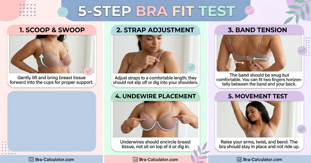 5-step bra fit test infographic for 28A and 28C — scoop and swoop with step-by-step cup progression, gore check, underwire narrowness on 28 band, band tension reality check, and movement test