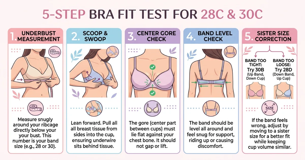 Bra fit test infographic for 28C and 30C showing band check, scoop and swoop, gore check, and sister size logic