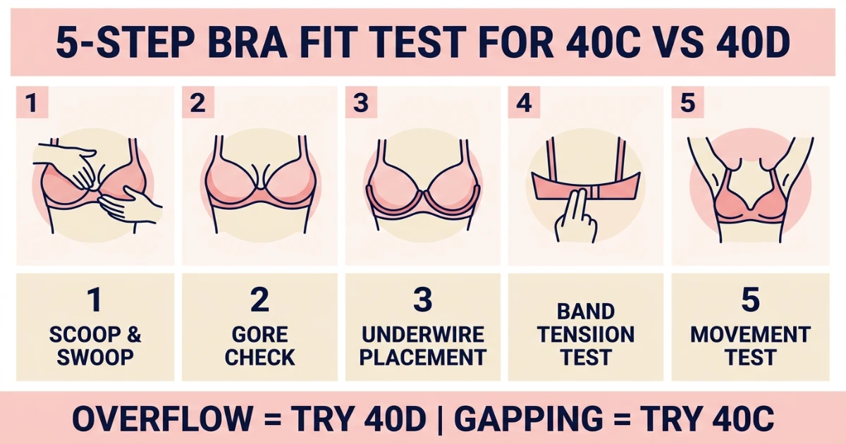 5-step bra fit test infographic for 40C and 40D — scoop and swoop, gore check, underwire placement, band tension test, and movement test