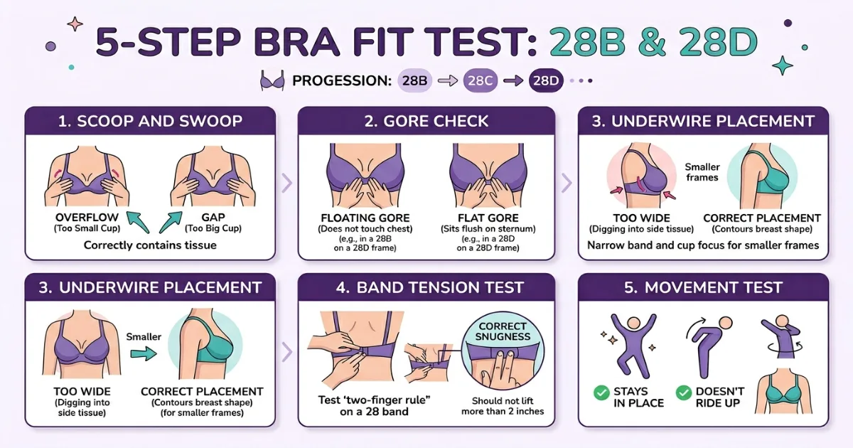 5-step bra fit test infographic for 28B and 28D — scoop and swoop with step-by-step cup progression, gore check, underwire narrowness on 28 band, band tension reality check, and movement test