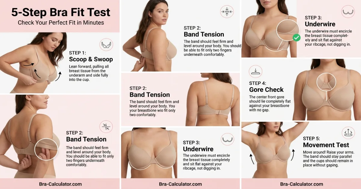 5-step bra fit test infographic for 28DDD (28F UK) and 30DD (30E UK) — scoop and swoop, gore check, underwire placement, band tension, movement test