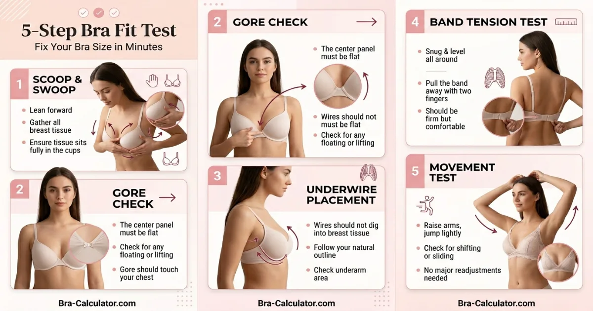 5-step bra fit test infographic for 38C and 40B — scoop and swoop, gore check, underwire placement and width, band tension, movement test with focus on band-related issues