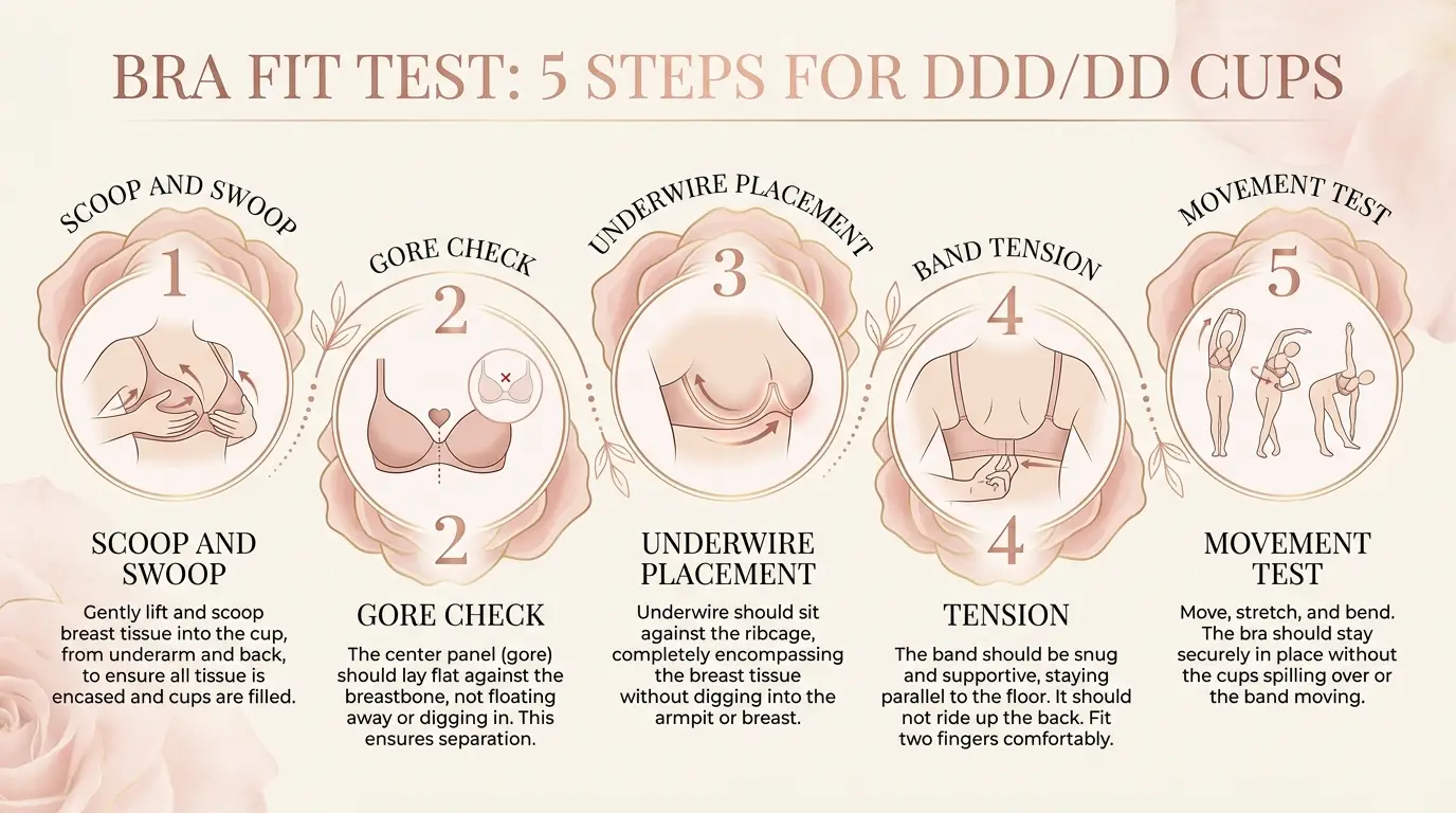 5-step bra fit test infographic for DDD and DD cup sizes — scoop and swoop, gore check, underwire placement, band tension, movement test