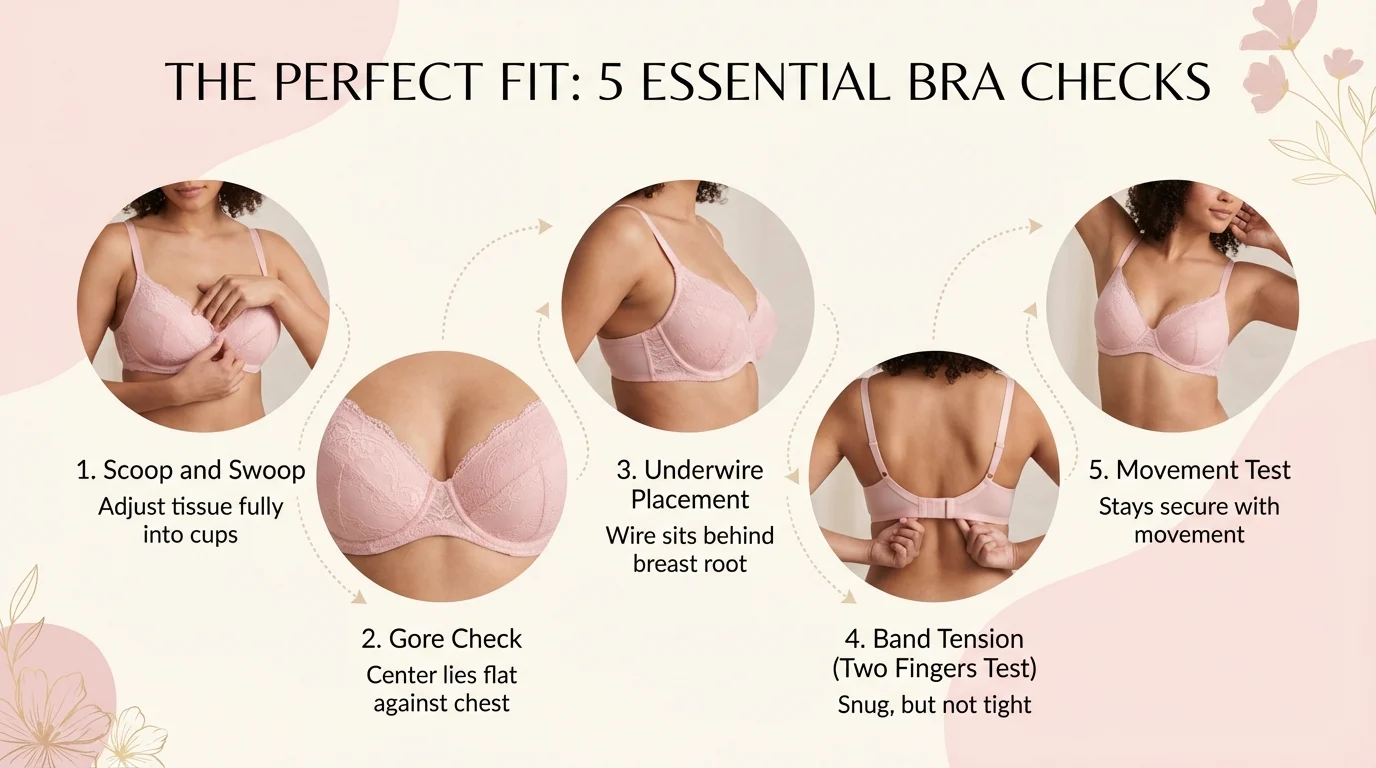 Five-step bra fit test infographic for C and B cup sizes — scoop and swoop, gore check, underwire placement, band tension, movement test